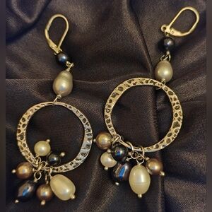 Vth Earrings w Textured Silver-Tone Hoops, Multiple Dangling Baroque Style Pearl